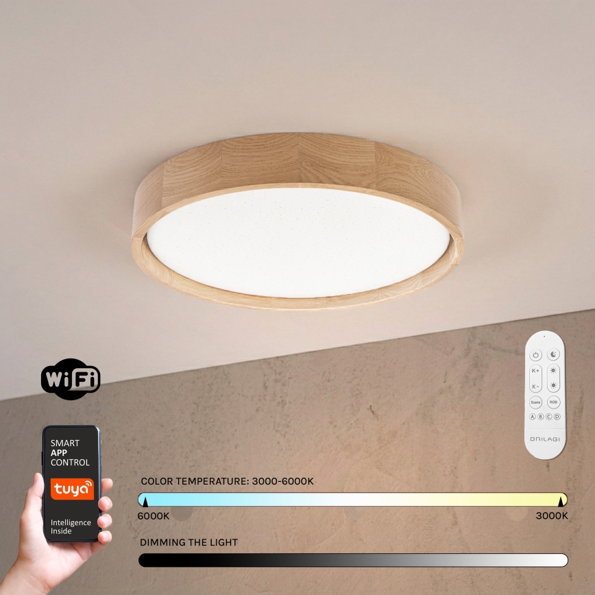 Brilagi - LED prigušiva stropna svjetiljka MANAROLA SMART STARS LED/24W/230V 3000-6000K Wi-Fi Tuya Beacon Ø 41 cm hrast + daljinski upravljač