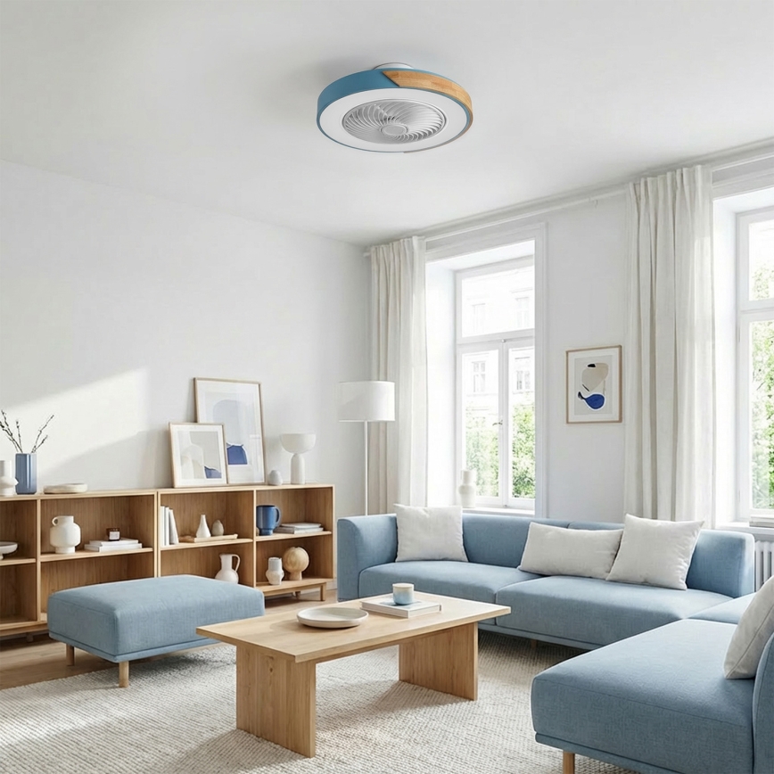 Brilagi - LED stropna svjetiljka s funkcijom prigušivanja i ventilatorom LED/38W/230V 3000-6500K 3000-6500K pr. 50 cm plava/hrast + daljinski upravljač
