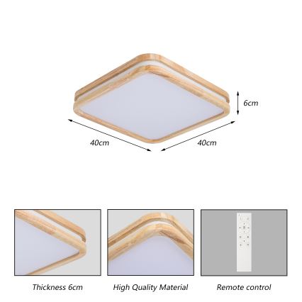 Brilagi - Prigušiva LED stropna svjetiljka MOLINA SQUARE LED/48W/230V 3000-6000K hrast 40x40 cm + daljinski upravljač