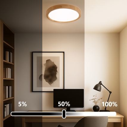 Brilagi - LED prigušiva stropna svjetiljka WOODROUND LED/30W/230V 3000-6000K Ø 40 cm drvena CRI 90 + daljinski upravljač
