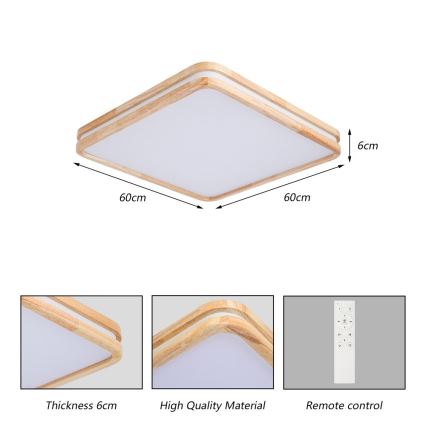 Brilagi - LED prigušivo stropno svjetlo MOLINA SQUARE LED/80W/230V 3000-6000K hrast 60x60 cm + daljinski upravljač