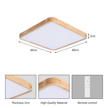Brilagi - Prigušivo LED stropno svjetlo WOODLINE SQUARE LED/80W/230V 3000-6000K hrast 60x60 cm + daljinski upravljač