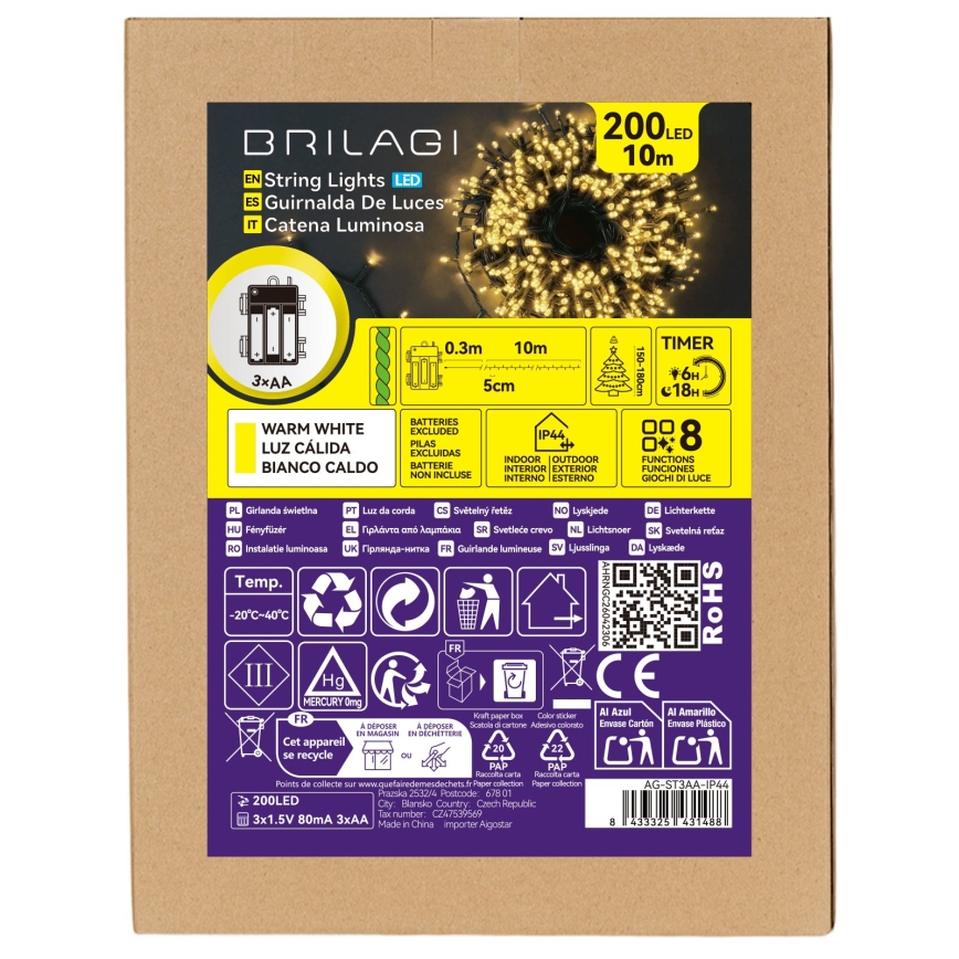 BRILAGI - LED Vanjska božićna girlanda 200xLED/3xAA/8 funkcija 10,3m IP44 topla bijela