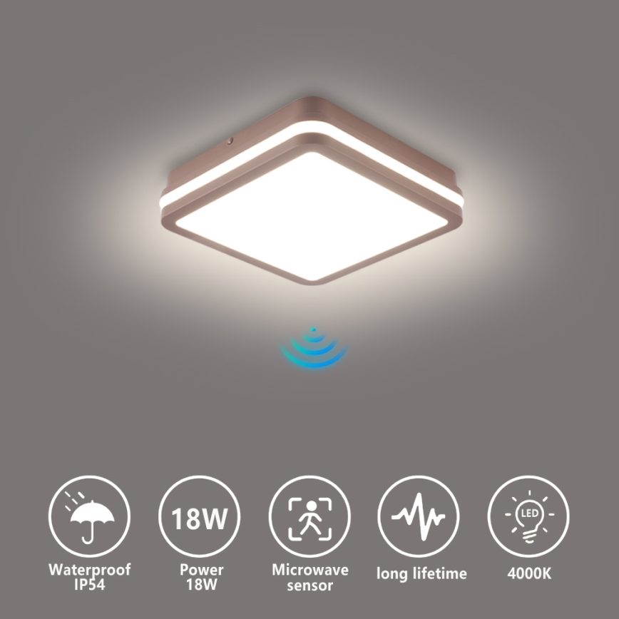 Brilagi - LED vanjsko stropno svjetlo BENE s integriranim senzorom LED/18W/230V 21,5x21,5 cm smeđe IP54