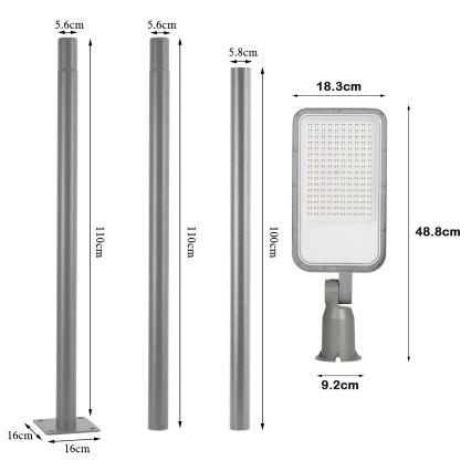Brilagi - LED vanjska ulična svjetiljka sa stupom i zglobom 3 m URBANLIGHT LED/100W/230V siva IP65