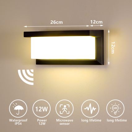 Brilagi - LED Vanjska zidna svjetiljka sa senzorom BRICKY LED/12W/230V crna IP54