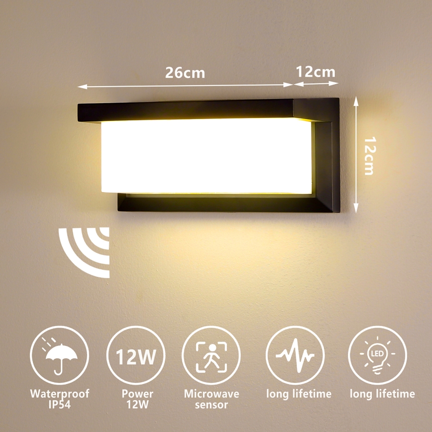 Brilagi - LED Vanjska zidna svjetiljka sa senzorom BRICKY LED/12W/230V crna IP54