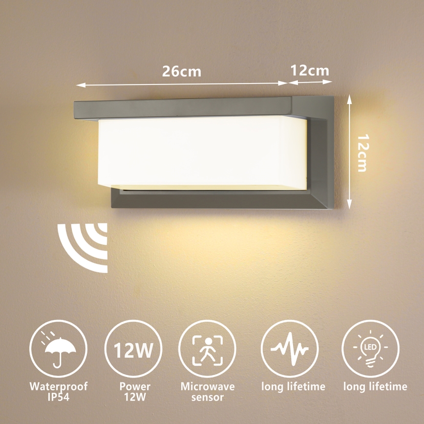 Brilagi - LED Vanjska zidna svjetiljka sa senzorom BRICKY LED/12W/230V siva IP54