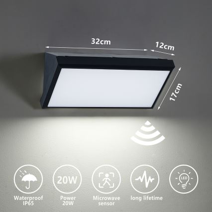 Brilagi - LED Vanjska zidna svjetiljka sa senzorom TRIANGLE LED/20W/230V crna IP65