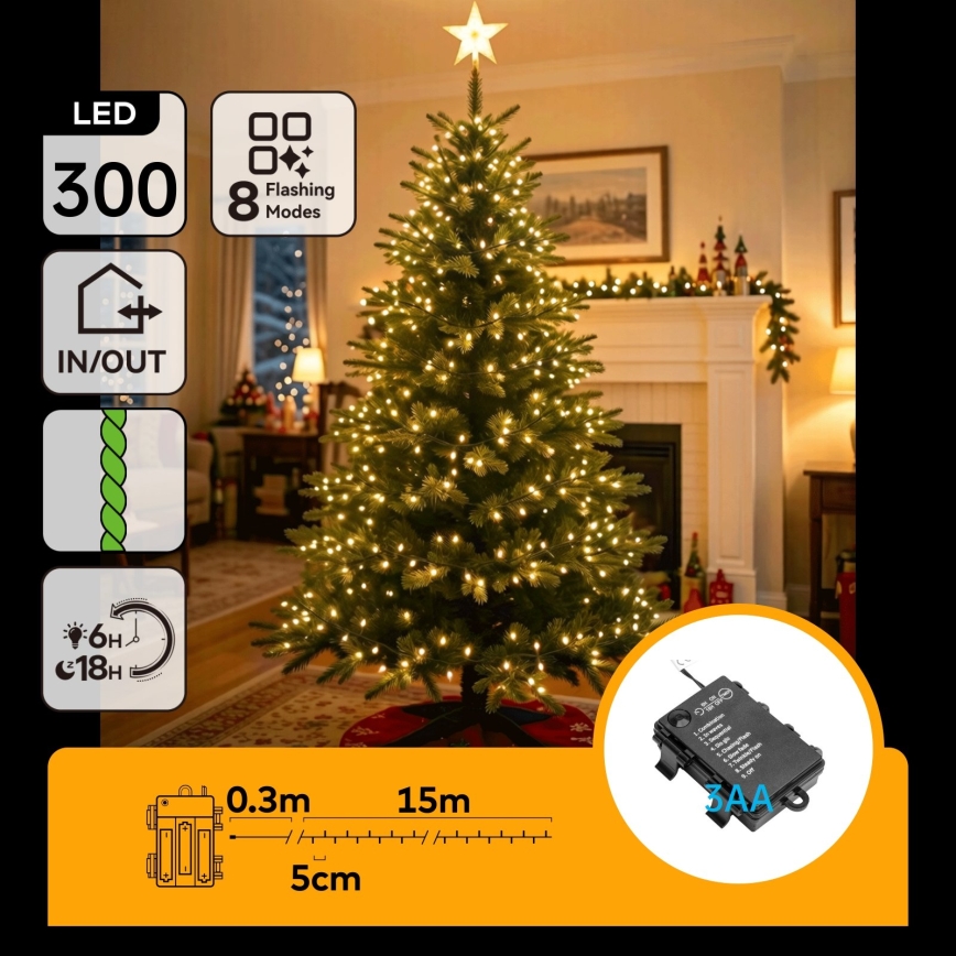 BRILAGI - LED vanjski božićni lanac 300xLED/3xAA/8 funkcija 15,3m IP44 topla bijela