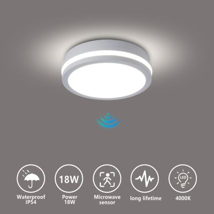 Brilagi - LED vanjska stropna svjetiljka s integriranim senzorom BENE LED/18W/230V Ø 21,5 cm bijela IP54