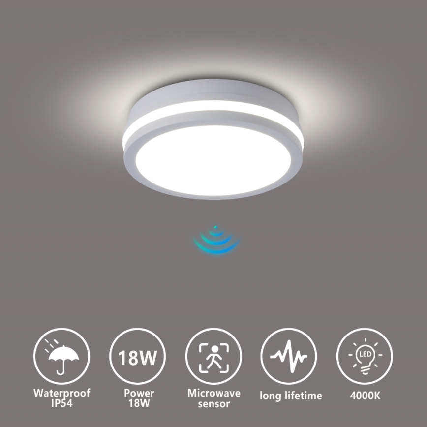 Brilagi - LED vanjska stropna svjetiljka s integriranim senzorom BENE LED/18W/230V Ø 21,5 cm bijela IP54