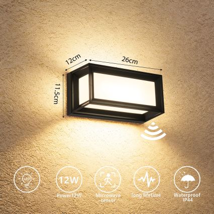 Brilagi - LED vanjsko zidno svjetlo s senzorom PARKER LED/12W/230V crno IP44