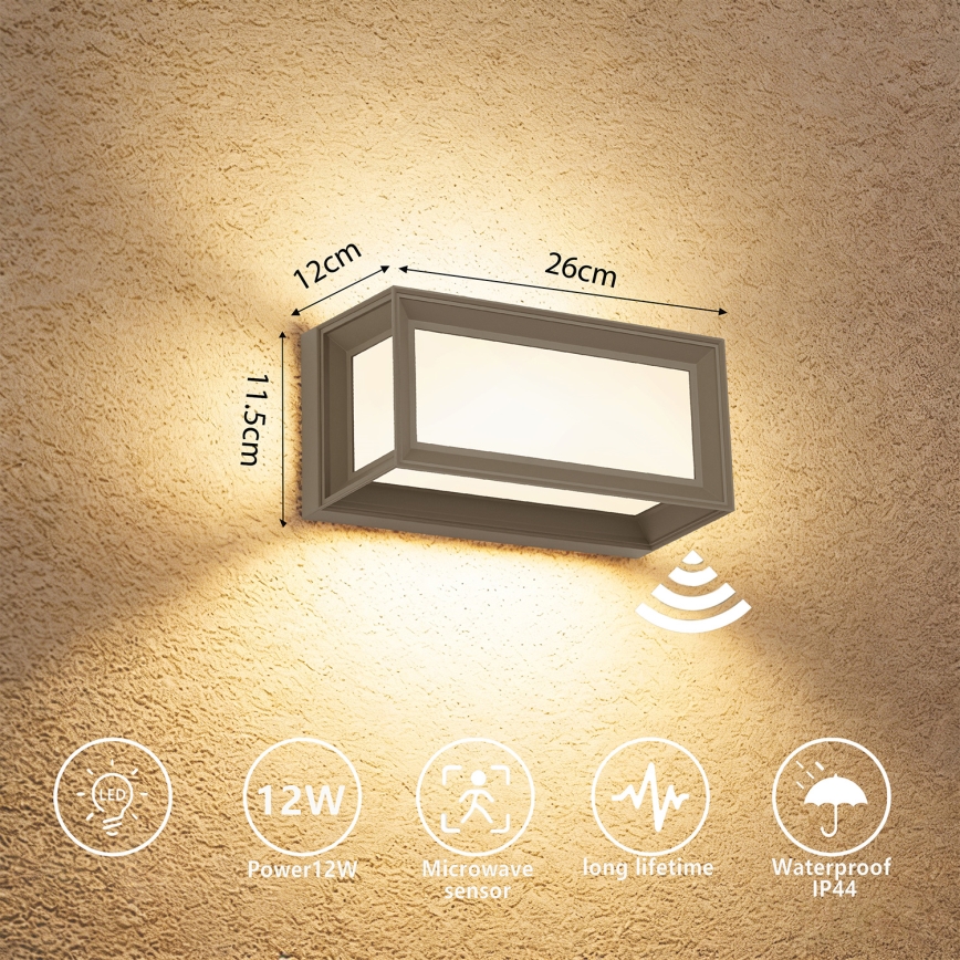 Brilagi - LED vanjsko zidno svjetlo s detektorom pokreta PARKER LED/12W/230V siva IP44