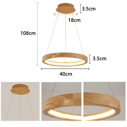 Brilagi - LED viseći luster na sajli UMEA WOOD LED/30W/230V, promjer 40 cm, drveni