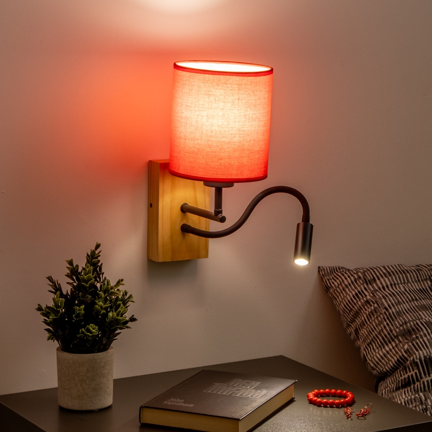 Brilagi - LED Fleksibilna zidna lampa NUBILA WOOD 1xE27/25W/230V + LED/3W hrast/crvena