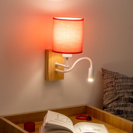 Brilagi - LED Fleksibilna zidna lampa NUBILA WOOD 1xE27/25W/230V + LED/3W hrast/crvena