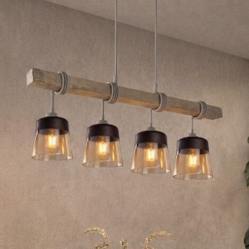 Brilagi - Luster na kabelu WOOD GLASS 4xE27/60W/230V borovina/siva/dimno-smeđa