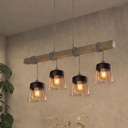 Brilagi - Luster na kabelu WOOD GLASS 4xE27/60W/230V borovina/siva/zadimljeno-smeđa