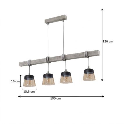 Brilagi - Luster na kabelu WOOD GLASS 4xE27/60W/230V borovina/siva/zadimljeno-smeđa