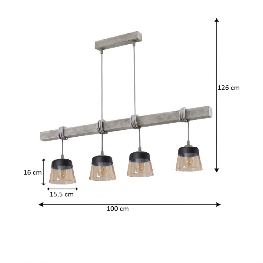 Brilagi - Luster na kabelu WOOD GLASS 4xE27/60W/230V borovina/siva/zadimljeno-smeđa