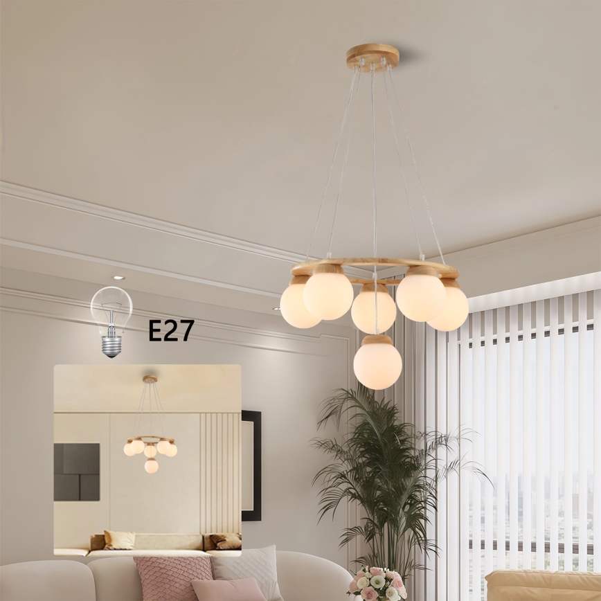 Brilagi - Luster na sajli VISBY WOOD 6xE27/60W/230V Ø 58 cm, od kaučukovog drva