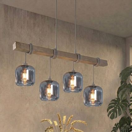 Brilagi - Luster na sajli WOOD GLASS 4xE27/60W/230V borovina/siva/dimljeno siva