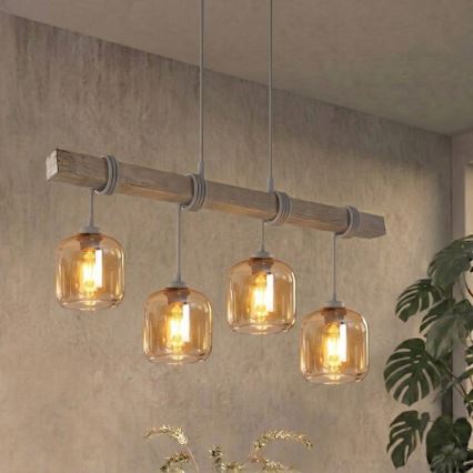 Brilagi - Privjesni luster na kabelu WOOD GLASS 4xE27/60W/230V borovina/siva/dimno smeđa
