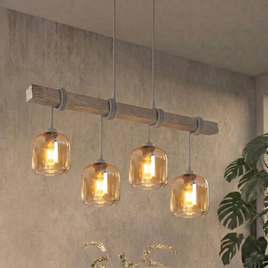 Brilagi - Privjesni luster na kabelu WOOD GLASS 4xE27/60W/230V borovina/siva/dimno smeđa