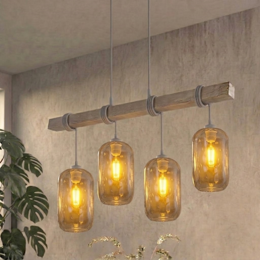 BRILAGI - Viseći luster na sajli WOOD GLASS 4xE27/60W/230V borovina/siva/zadimljeno siva