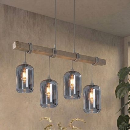 Brilagi - Viseći luster na sajli WOOD GLASS 4xE27/60W/230V borovina/siva/zadimljeno-siva