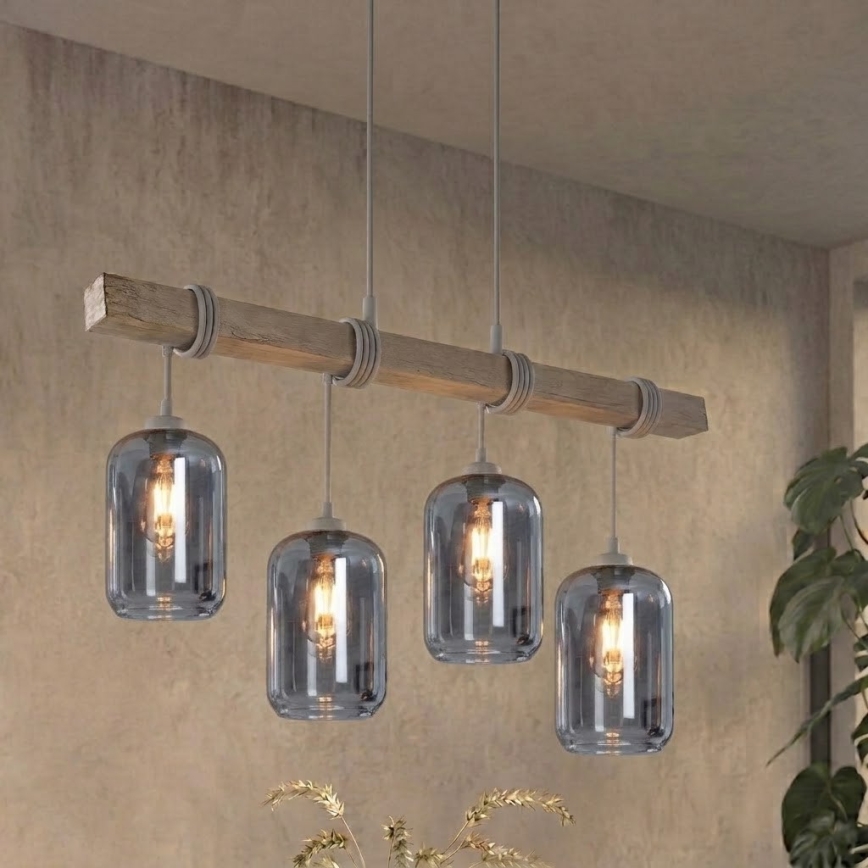 Brilagi - Viseći luster na sajli WOOD GLASS 4xE27/60W/230V borovina/siva/zadimljeno-siva