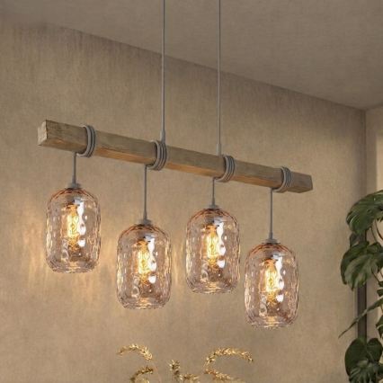 Brilagi - Luster na sajli WOOD GLASS 4xE27/60W/230V borovina/siva/dimljeno-smeđa