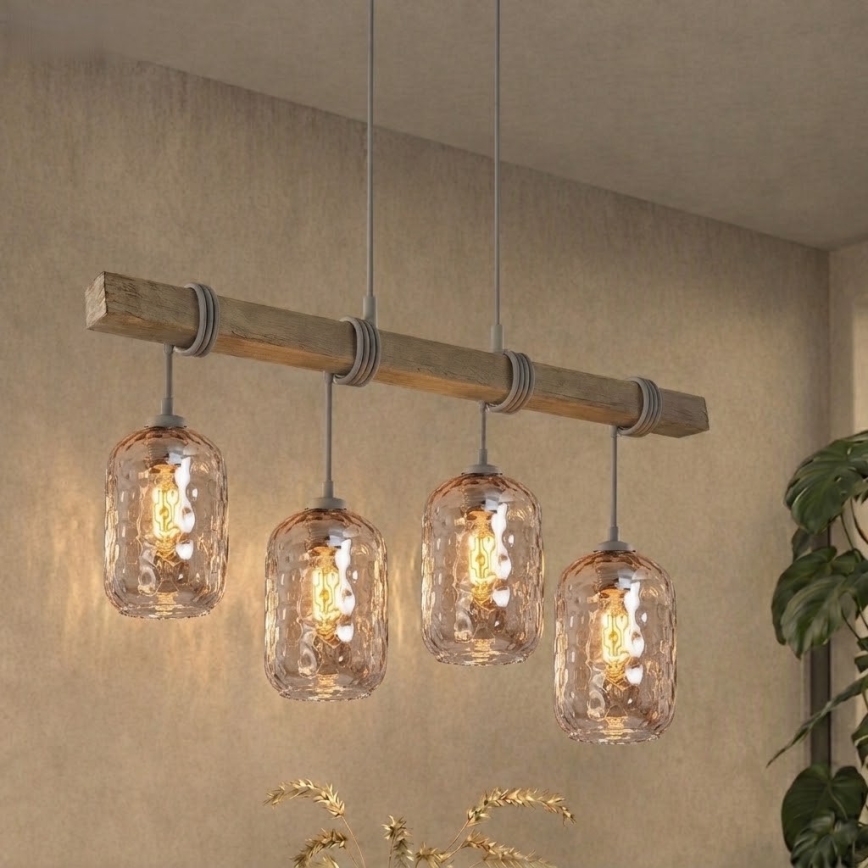 Brilagi - Luster na sajli WOOD GLASS 4xE27/60W/230V borovina/siva/dimljeno-smeđa