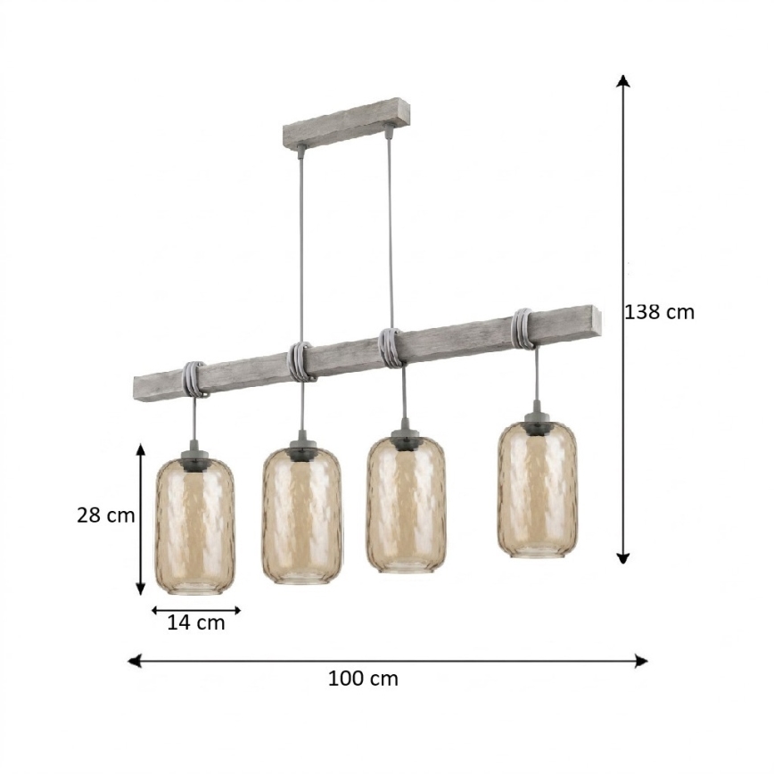 Brilagi - Luster na sajli WOOD GLASS 4xE27/60W/230V borovina/siva/dimljeno-smeđa