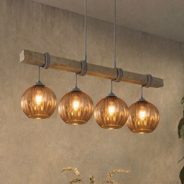 Brilagi - Luster na sajli WOOD GLASS 4xE27/60W/230V borovina/siva/zadimljeno-smeđa