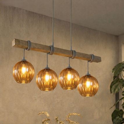 Brilagi - Luster na sajli WOOD GLASS 4xE27/60W/230V borovina/siva/zadimljeno-smeđa