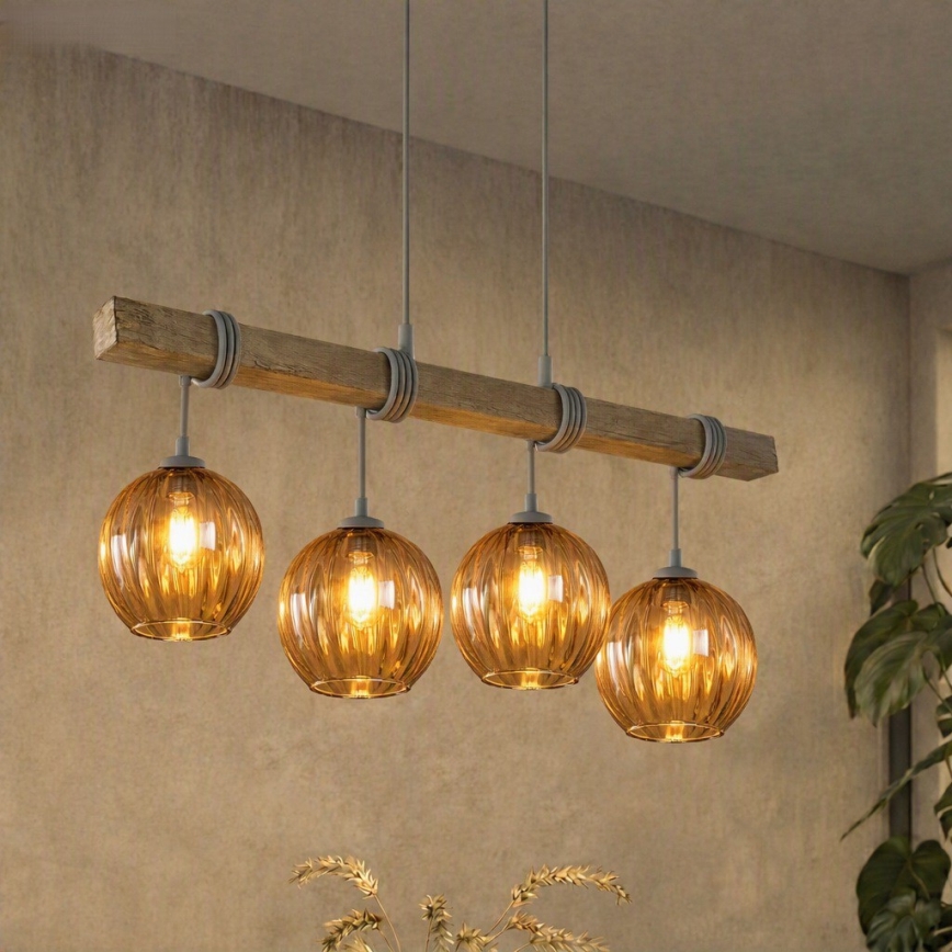 Brilagi - Luster na sajli WOOD GLASS 4xE27/60W/230V borovina/siva/zadimljeno-smeđa