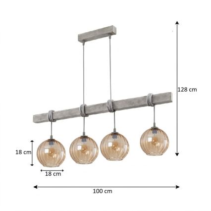 Brilagi - Luster na sajli WOOD GLASS 4xE27/60W/230V borovina/siva/zadimljeno-smeđa