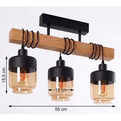 Brilagi - Luster za površinsku montažu WOOD GLASS 3xE27/60W/230V borovina/crna/dimljeno smeđa