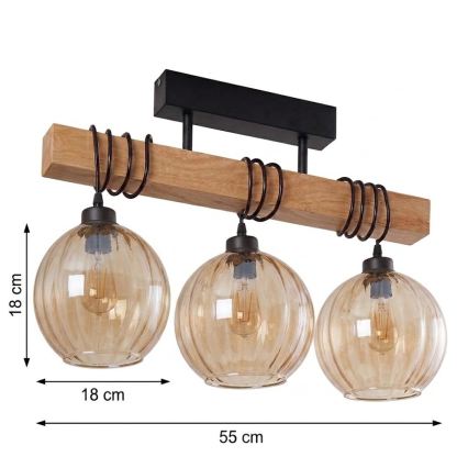 Brilagi - Stropni luster WOOD GLASS 3xE27/60W/230V borovina/crna/dimljeno smeđa