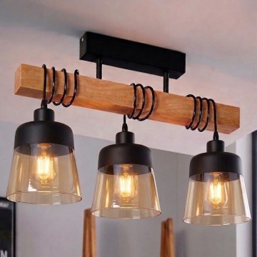 Brilagi - Plafonski luster WOOD GLASS 3xE27/60W/230V borovina/crna/zadimljeno smeđa