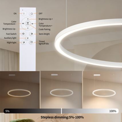 Brilagi - LED luster na sajli PORTOFINO, s mogućnošću prigušivanja, LED/60W/230V, 3000–6000K, Ø 80 cm, bijela + daljinski upravljač