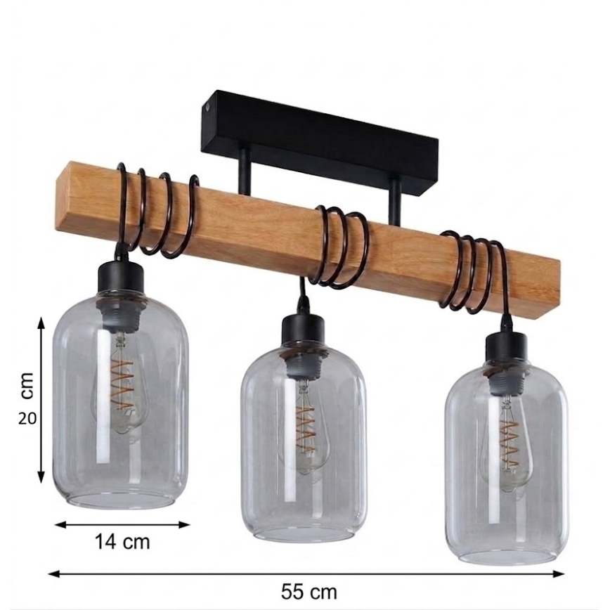 Brilagi - Nadgradni luster WOOD GLASS 3xE27/60W/230V borovina/crna/zadimljeno siva