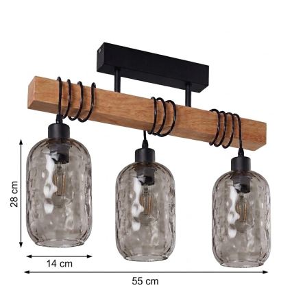 Brilagi - Stropni luster za površinsku montažu WOOD GLASS 3xE27/60W/230V borovina/crna/dimno-siva