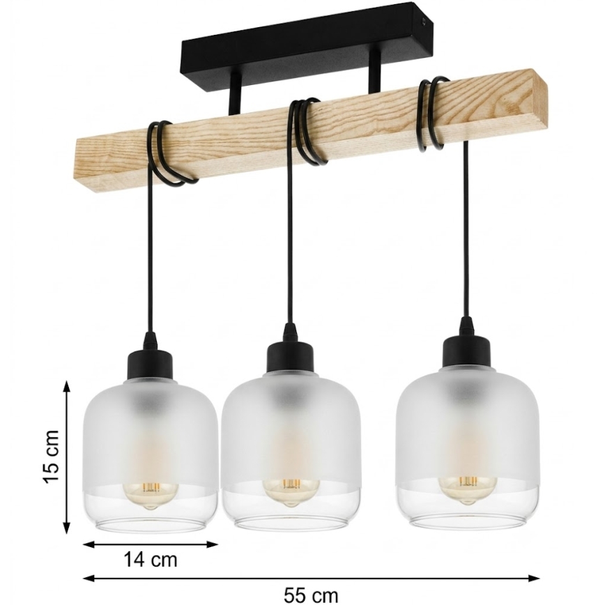 Brilagi - Prislonjen stropni luster WOOD GLASS 3xE27/60W/230V borovina/crna/bijela