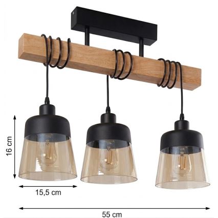 Brilagi - Plafonski luster WOOD GLASS 3xE27/60W/230V borovina/crna/zadimljeno smeđa