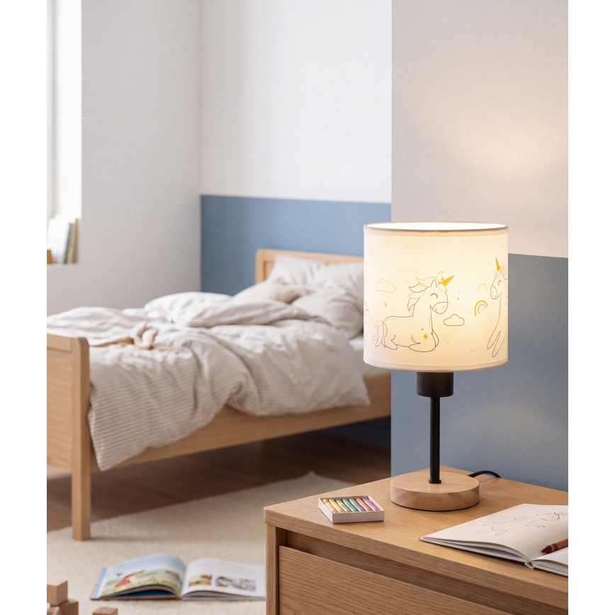 Brilagi - Dječja stolna lampa BOBO WOOD 1xE27/25W/230V hrast/crna/bijela/jednorogi