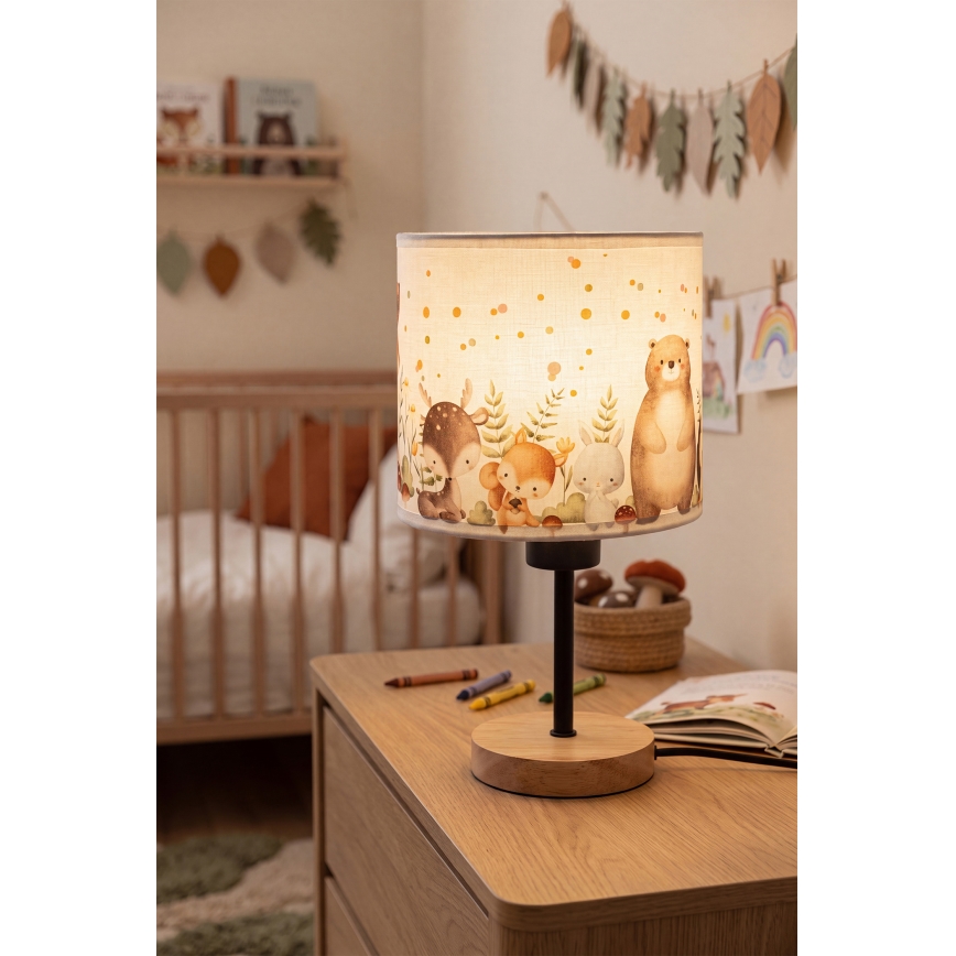 Brilagi - Dječja stolna lampa BOBO WOOD 1xE27/25W/230V hrast/crna/bijela/životinjice