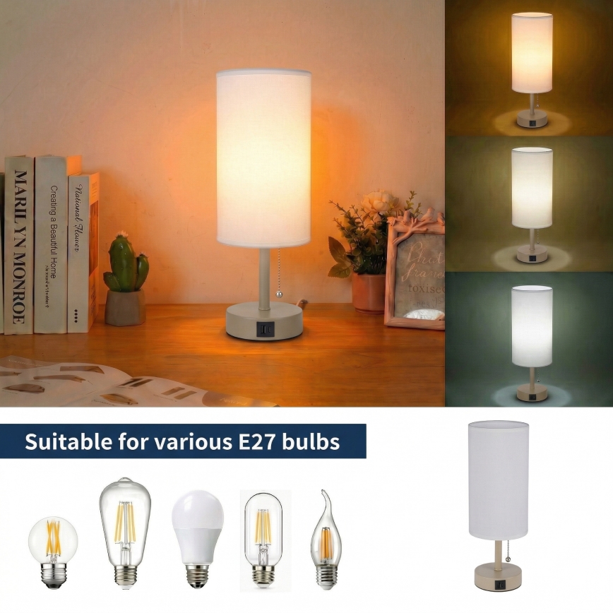 Brilagi - Stolna lampa s USB priključkom TABLON 1xE27/25W/230V bež/bijela
